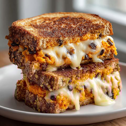 A grilled cheese sandwich with sweet potato and black beans.
