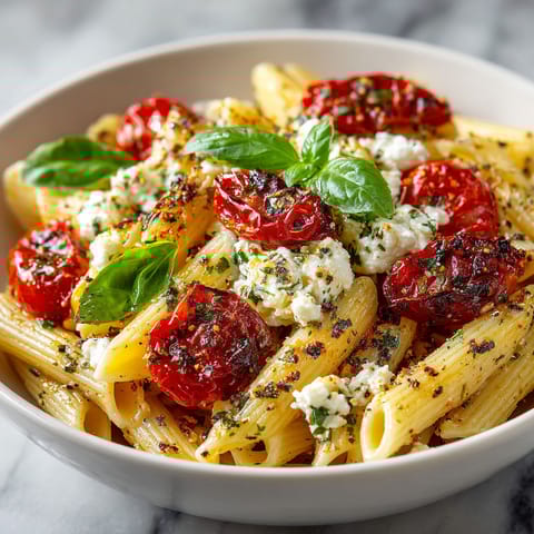 A bowl of pasta with tomatoes and basil.