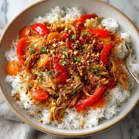A bowl of slow cooker Thai peanut chicken.