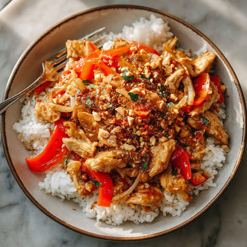 A bowl of Slow Cooker Thai Peanut Chicken.