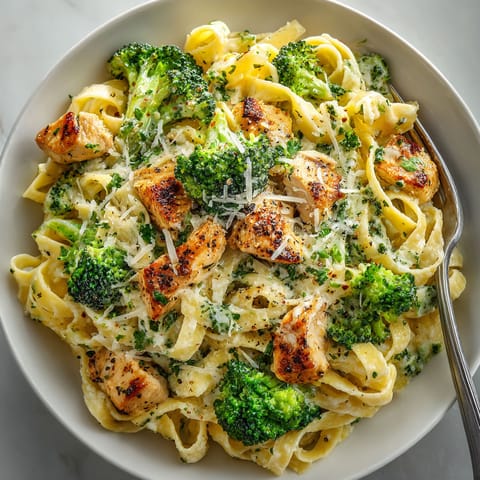 A bowl of pasta with chicken and broccoli.