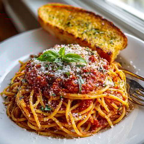 A plate of spaghetti with garlic bread on the side.