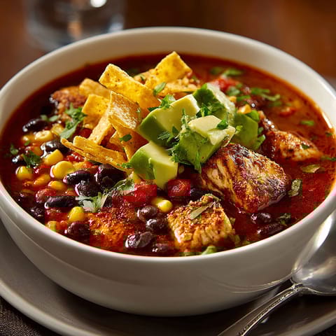 A bowl of soup with chicken, beans, and tortilla chips.