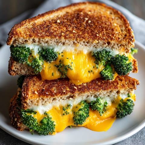 A sandwich with cheese and broccoli on a white plate.