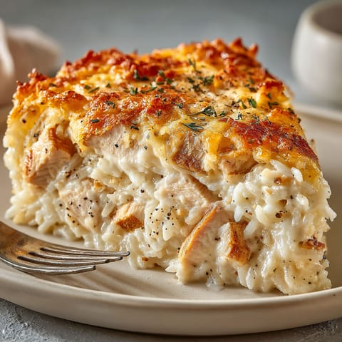 A slice of chicken and rice casserole.