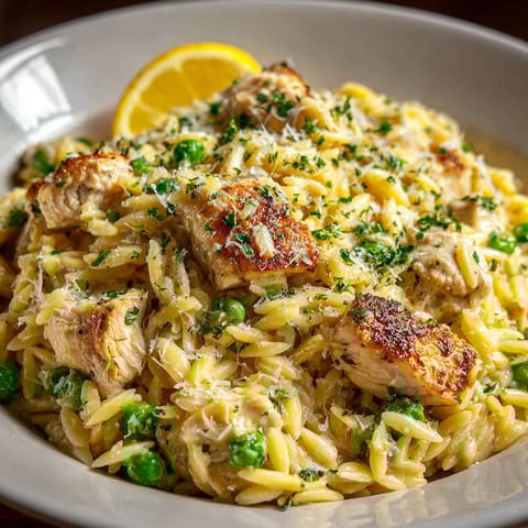 A bowl of pasta with chicken and peas.