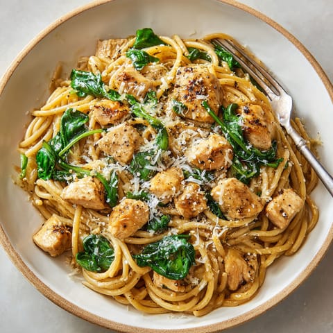 A bowl of pasta with chicken and spinach.