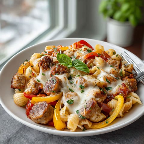 A plate of pasta with meat and vegetables.