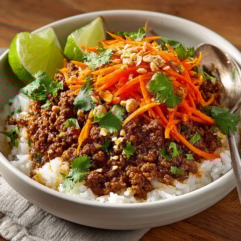 A bowl of food with carrots and lime.