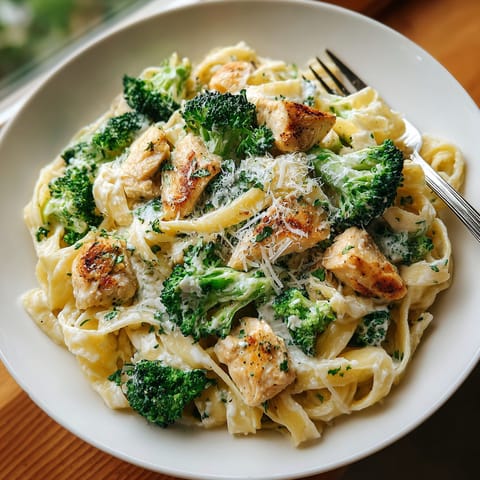 A plate of pasta with chicken and broccoli.