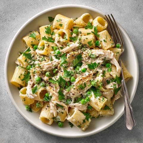 A bowl of pasta with chicken and peas.