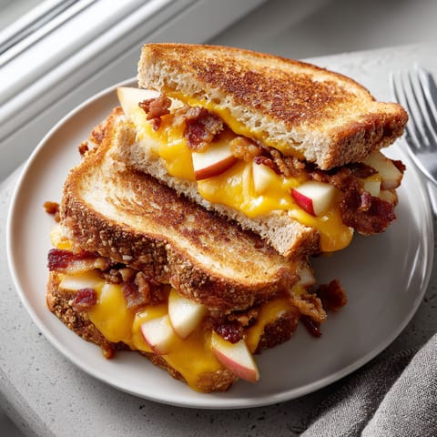 A sandwich with bacon and an apple slice on top.