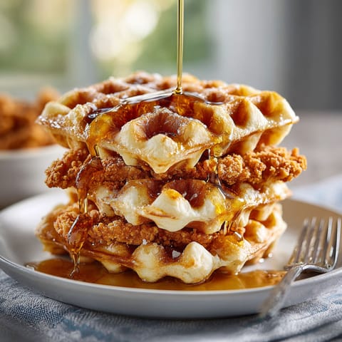 A stack of chicken and waffle sliders.