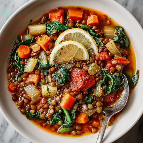A bowl of soup with vegetables and a lemon wedge.