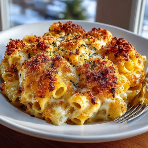 Golden baked mac and cheese with crispy topping served on a rustic wooden table.