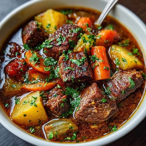 Tender chunks of beef and colorful root vegetables in a cozy stew, served hot