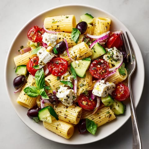 Bright Mediterranean Pasta Salad with Olives and Feta tossed in zesty vinaigrette, perfect for summer picnics