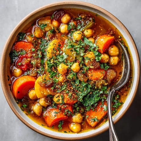 A hearty bowl of Slow Cooker Moroccan Chickpea Stew topped with fresh cilantro and lemon