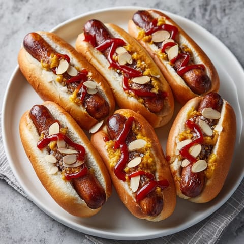 Creepy Bloody Finger Hot Dogs: Savory meat snack with almond nails and bloody ketchup.