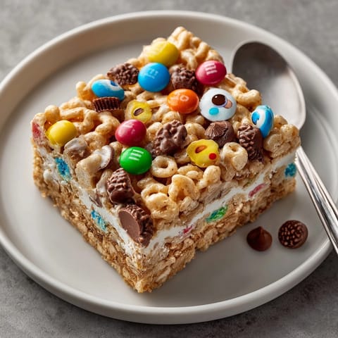 Golden, crispy Monster Marshmallow Cereal Bars ready to slice, dotted with candy eyes.