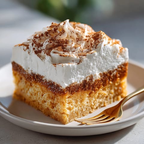 Golden Pumpkin Spice Tres Leches Cake soaking in milk, ready to be served chilled.