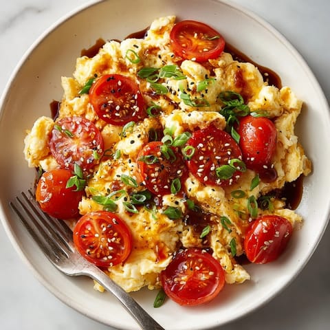 Close-up of homemade TikTok Tomato Egg Stir Fry with fresh scallion garnish.