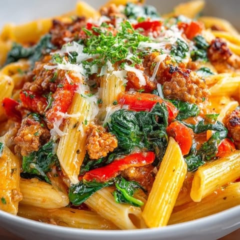 Overhead shot displaying a bubbling One-Pot Sausage Pasta: a fast family dinner.