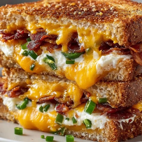 Golden Jalape&amp;ntilde;o Bacon Grilled Cheese sandwich, sliced in half, showcasing melted cheese and spicy peppers.