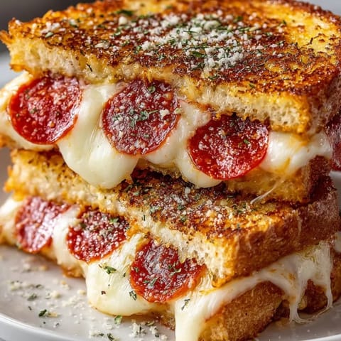 Buttery, toasted Pepperoni Pizza Grilled Cheese: a warm, comforting sandwich oozing with cheesy goodness.