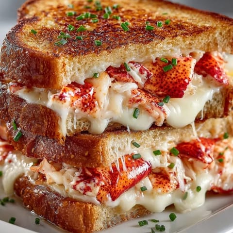 Close-up of a crusty Lobster Grilled Cheese sandwich, ready to be sliced and enjoyed.