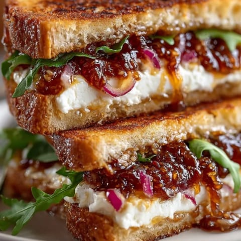 Savory Fig Jam and Goat Cheese Grilled Cheese, browned, sliced, ready to eat!