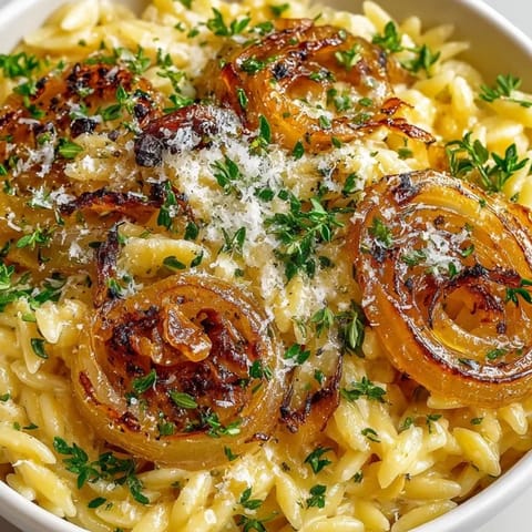 Golden Caramelized Onion Orzo recipe, a comforting pasta dish with thyme and herbs.