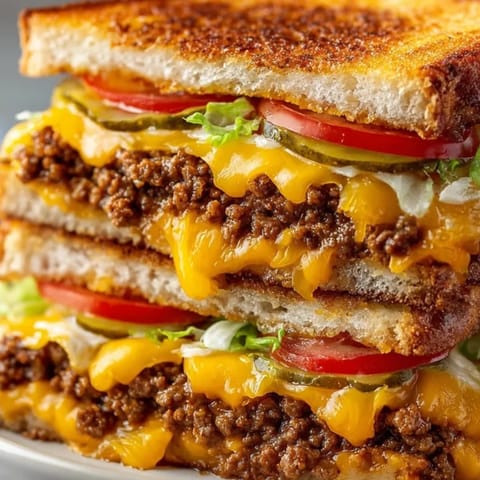 Close-up of a juicy Cheeseburger Grilled Cheese, showcasing the layers of beef and cheese.
