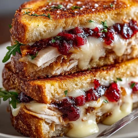 Melting Swiss cheese holds thick-cut turkey and cranberry relish; enjoy this Thanksgiving Turkey Cranberry Grilled Cheese.