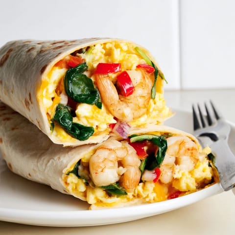 Close-up of a freshly made Shrimp &amp; Spinach Breakfast Burrito, vibrant with colorful veggies.