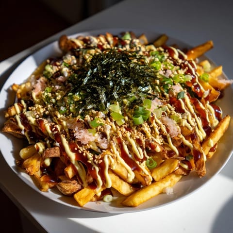 Crispy Japanese Okonomiyaki Fries topped with vibrant green onions and tangy pickled ginger.