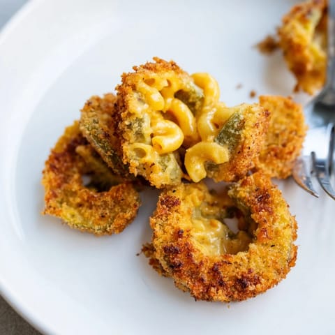 Irresistible Mac and Cheese Fried Pickle Rings served hot for a perfect game day appetizer.  