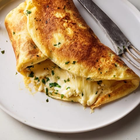 Golden Cheesy Garlic Tortilla Omelette, perfect for a hearty brunch or quick breakfast.  