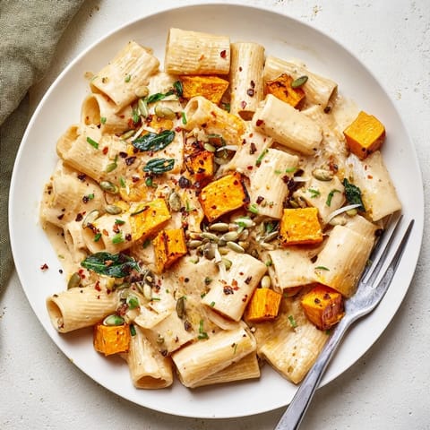 Indulge in creamy miso fall pasta paired with sweet roasted butternut squash.  