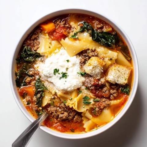 Hearty bowls of Lasagne Soup, topped with crunchy garlic croutons, bring comfort.  