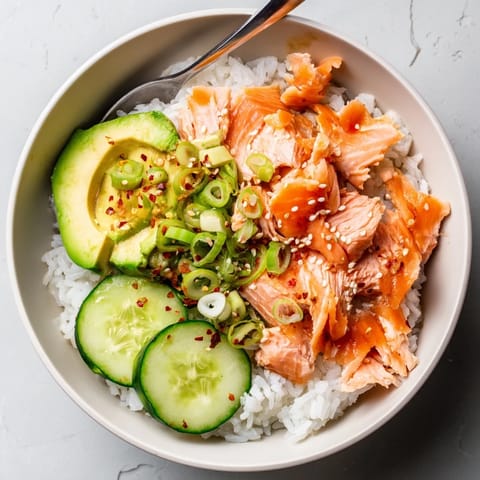 Delicious leftover salmon & rice bowl, freshly steamed with clever microwave method.  