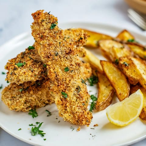 Golden brown potato wedges and flavorful chicken tenders create a satisfying dinner experience.  