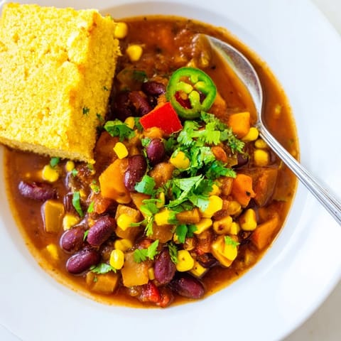 Smoky pumpkin chipotle chili garnished with cilantro and paired with fluffy cornbread.  