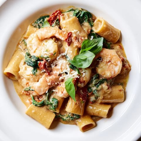 A steaming bowl of One-Pot Marry Me Shrimp Pasta, overflowing with shrimp and sun-dried tomatoes.