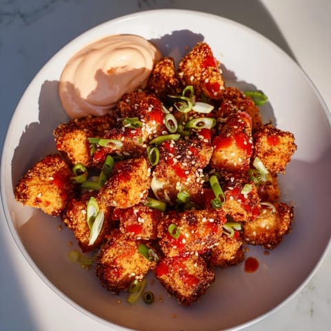 Tempting view of crunchy Bang Bang Chicken Bites, contrasted with cool sweet chili mayo for dipping pleasure.