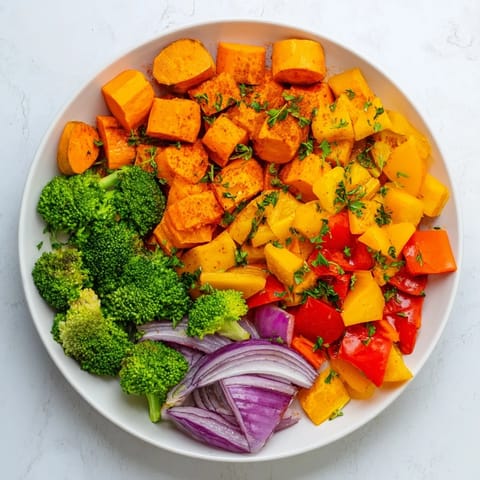 Vibrant Friendsgiving Rainbow Roasted Vegetable Medley; imagine tender vegetables with herby, smoky aromas.