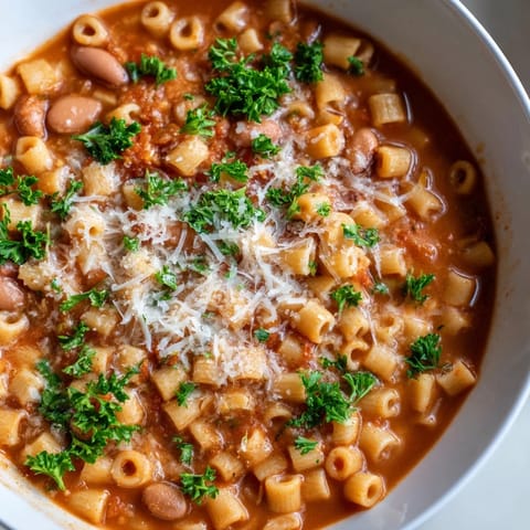 Hearty Italian Pasta e Fagioli soup, with colorful vegetables and perfectly cooked pasta, ready to enjoy.