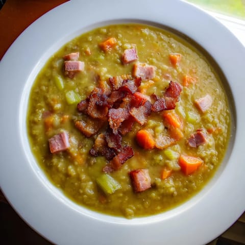 Hearty American Split Pea Soup with chunks of ham, vibrant vegetables and crispy bacon on top.