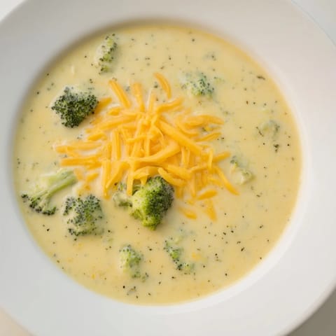 Close-up of golden, cheesy Broccoli Cheese Soup, a comforting American classic for dinner.