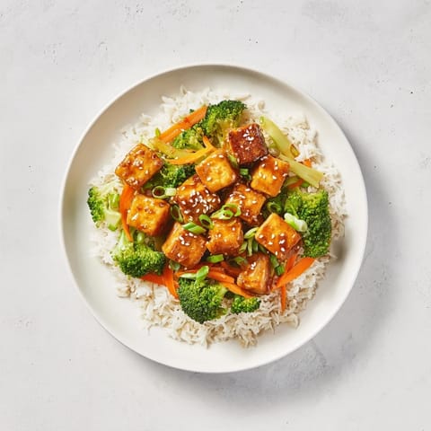 Savory sesame tofu & broccoli recipe: a colorful, vegetarian meal with steamed rice ready to serve.